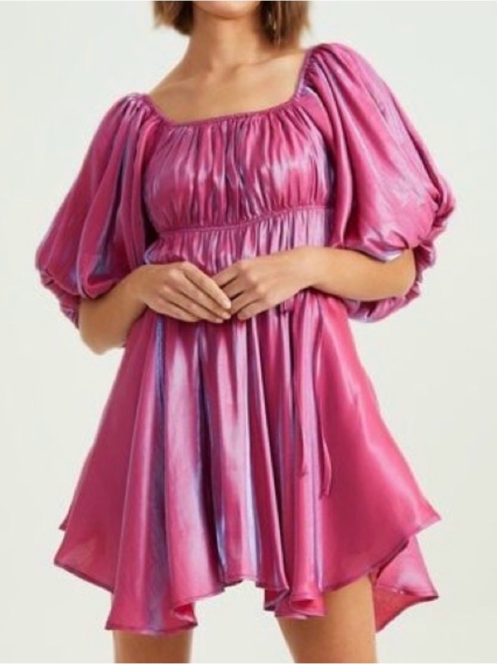 Altar'd State Pink Metallic Puff-Sleeve Mini Dress